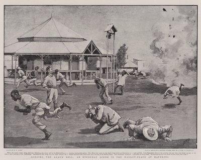Tocando la campana de alarma, una escena cotidiana en el mercado de Mafeking de Henry Marriott Paget